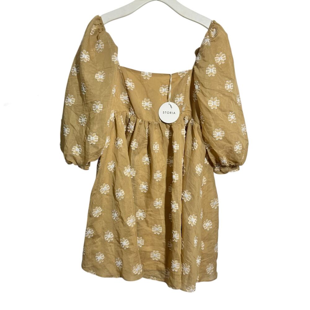 Storia Puff Sleeve Cottagecore Mini Dress Women L Light Cognac Floral Embroidery